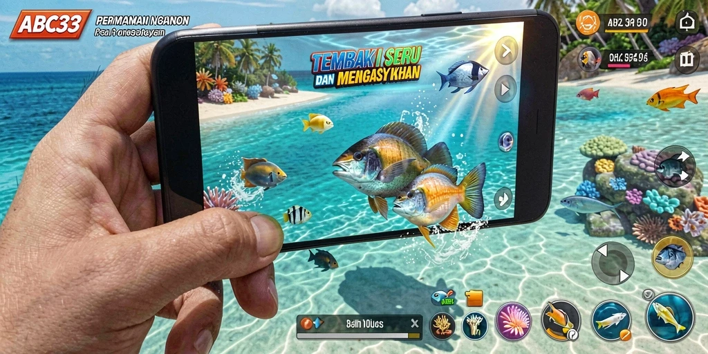 Tampilan gameplay <strong>ABC33</strong> saat menembak ikan di laut yang indah.